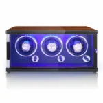3 Watch Winder for Automatic Watches, Walnut Paint LED Watch Winder with Quiet Japanese Motor, Open The Cover and Stop, 5 Working Modes